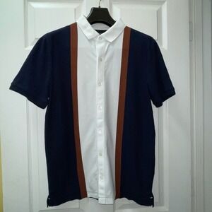 Banana Republic Mens White/Brown/Navy Striped Cotton Button Front Polo Medium